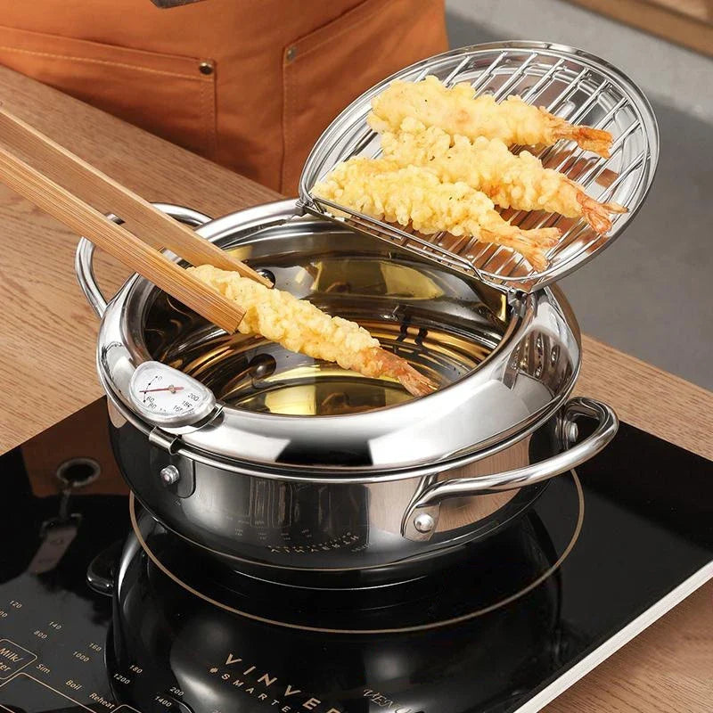 Japanese Deep Frying Pot with a Thermometer and a Lid 304 Stainless Steel Kitchen Tempura Fryer Pan 20/24cm - Image 22
