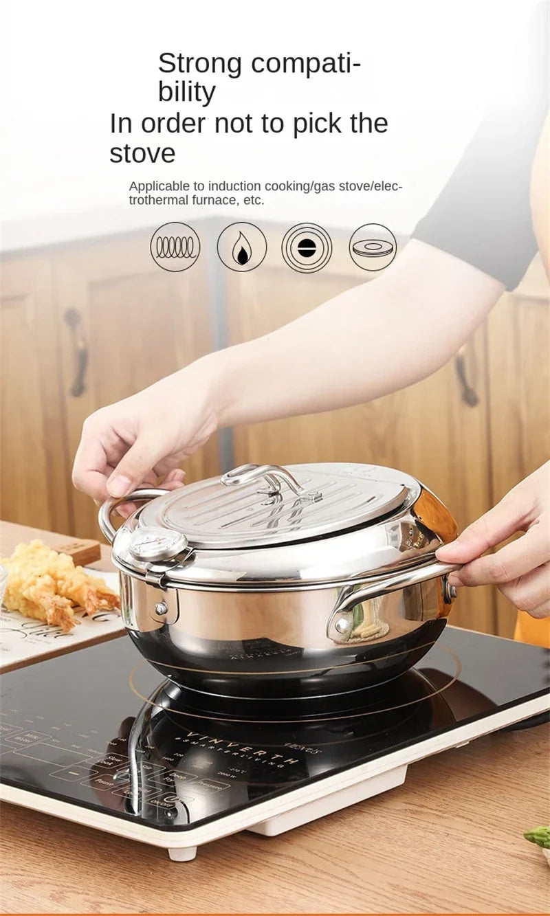 Japanese Deep Frying Pot with a Thermometer and a Lid 304 Stainless Steel Kitchen Tempura Fryer Pan 20/24cm - Image 27