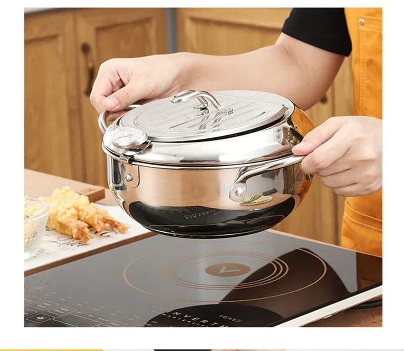 Japanese Deep Frying Pot with a Thermometer and a Lid 304 Stainless Steel Kitchen Tempura Fryer Pan 20/24cm - Image 30