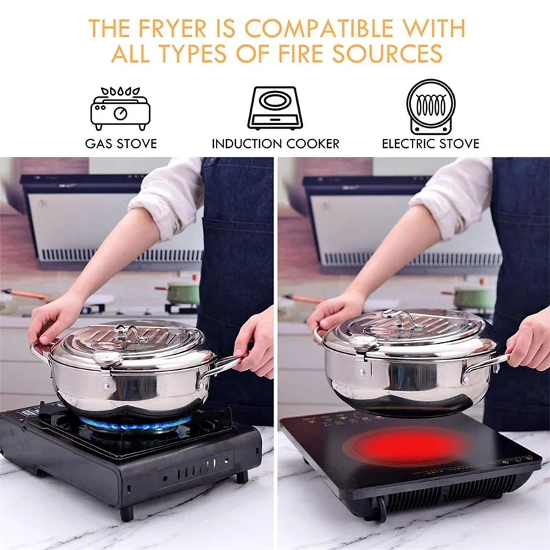 Japanese Deep Frying Pot with a Thermometer and a Lid 304 Stainless Steel Kitchen Tempura Fryer Pan 20/24cm - Image 23