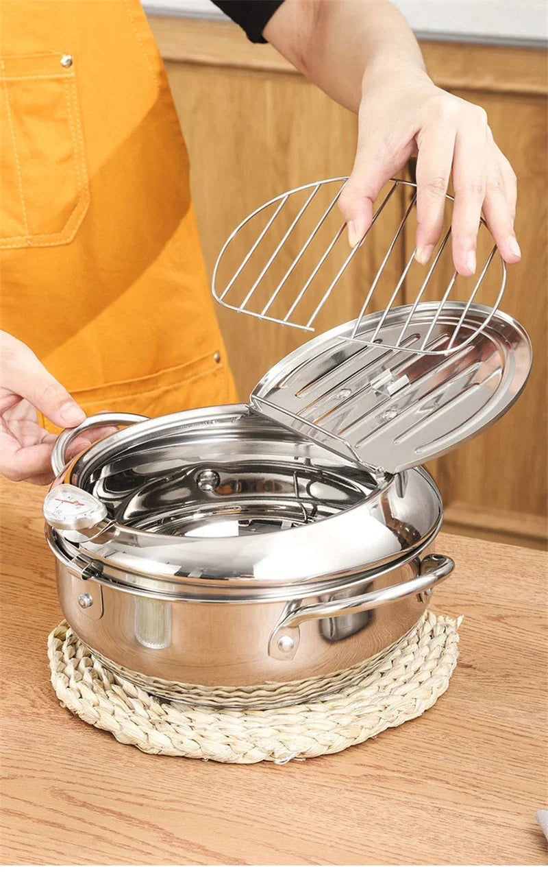 Japanese Deep Frying Pot with a Thermometer and a Lid 304 Stainless Steel Kitchen Tempura Fryer Pan 20/24cm - Image 31