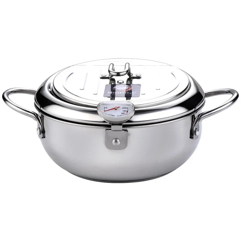 Japanese Deep Frying Pot with a Thermometer and a Lid 304 Stainless Steel Kitchen Tempura Fryer Pan 20/24cm - Image 12