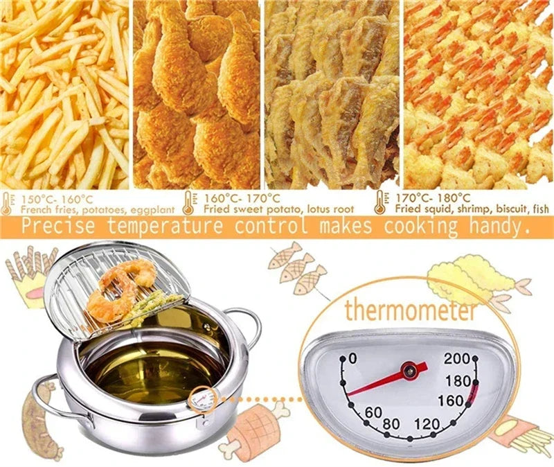 Japanese Deep Frying Pot with a Thermometer and a Lid 304 Stainless Steel Kitchen Tempura Fryer Pan 20/24cm - Image 19