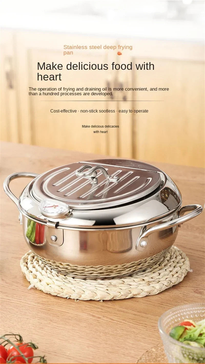 Japanese Deep Frying Pot with a Thermometer and a Lid 304 Stainless Steel Kitchen Tempura Fryer Pan 20/24cm - Image 24