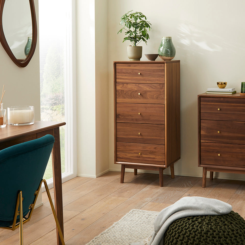 Wright Walnut Tallboy Chest of 5 Drawers - Image 7