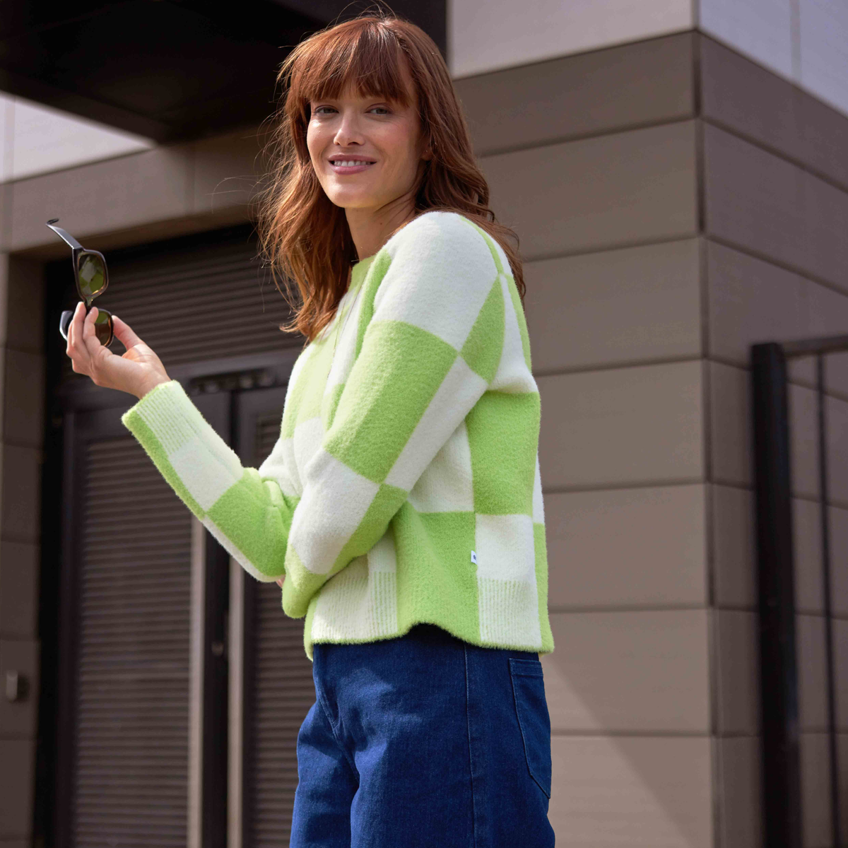 Celeste Womens Checkerboard Chunky Knit Jumper - Lemon Lime - Image 2