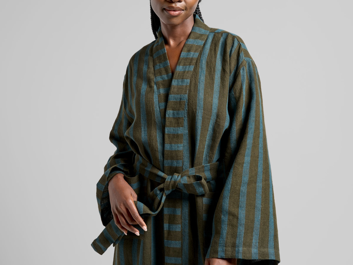 Linen Stripe Robe - FINAL SALE (Evergreen and Peacock) - Image 4